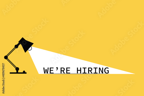 Hiring or recruitment website banner vector template with office desktop lamp. Job vacancy advertisement. yellow background. business loading concept. Eps10 illustration