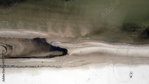 Aerial view from road through desert volcanic landscape