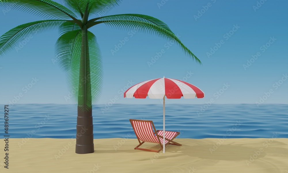 colorful umbrella and beach chair with palm tree on the beach in summer.3d rendering.	