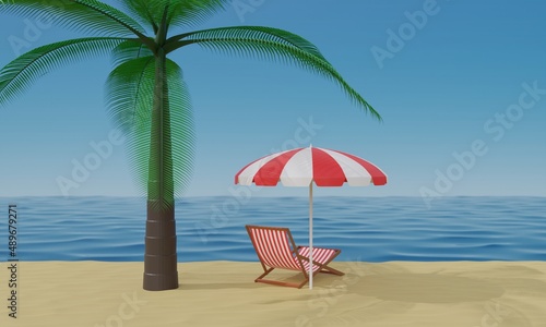 Fototapeta Naklejka Na Ścianę i Meble -  colorful umbrella and beach chair with palm tree on the beach in summer.3d rendering.	