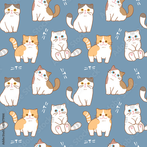 Fototapeta Naklejka Na Ścianę i Meble -  Seamless Pattern with Cute Cat Illustration Design on Deep Blue Background