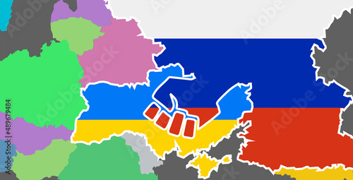 War in Ukraine, Russian special operation, on the map with a flag.