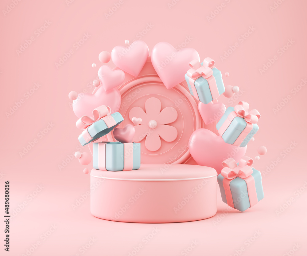 Holiday pastel color background with a gift box and podium display stand, 3d rendering.