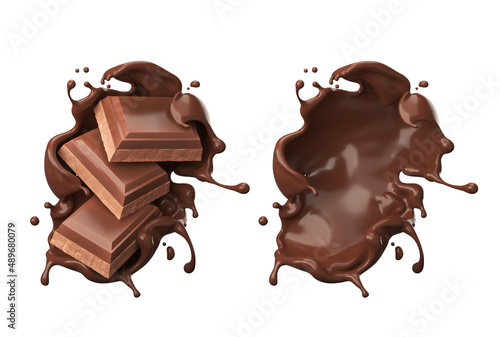 dark chocolate bar with chocolate cream splash, 3d illustration.