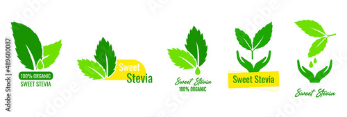 100% organic and natural stevia icon, logo set vector illustration  photo