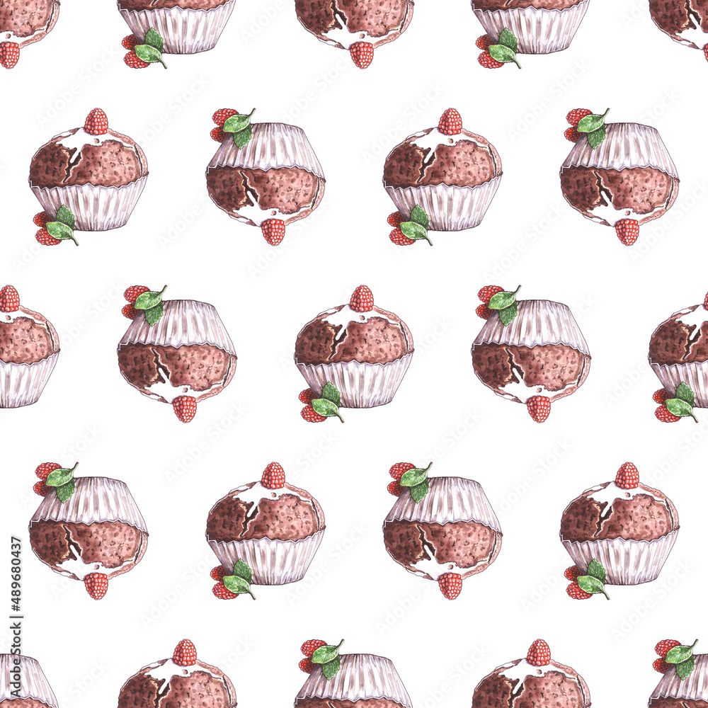 Watercolor pattern of chocolate cupcakes and raspberries on a white background Watercolor pattern of chocolate cupcakes and raspberries on a white background