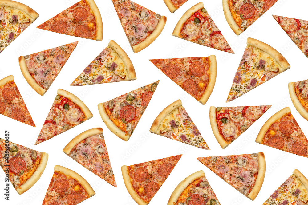 Pattern, template, wallpaper, on white. Pieces of pizza with meat, mushrooms, vegetables. Concept for flyer, poster, menu for pizzeria, isolated. Pattern, template, wallpaper, on white. Pieces of pizza with meat, mushrooms, vegetables. Concept for flyer, poster, menu for pizzeria, isolated.