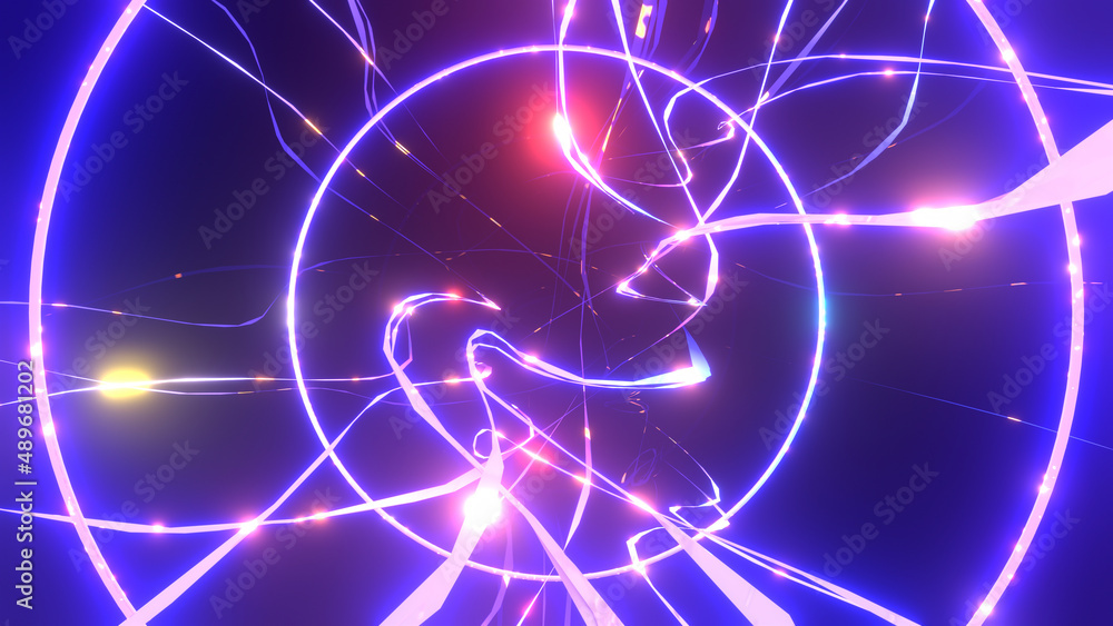 Obraz premium 3d rendered abstract neon wavy lines and glowing circles.