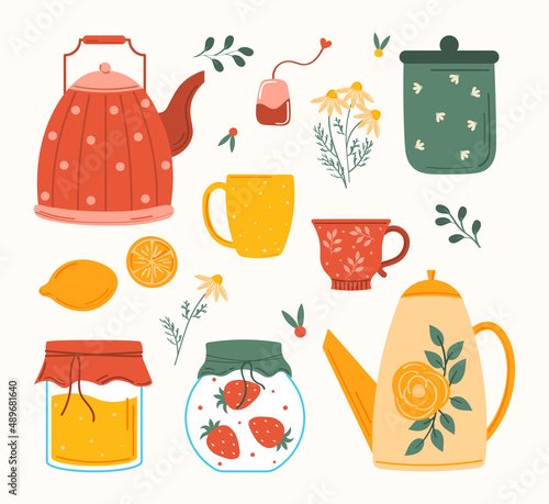 Teapot hand drawn big set with tea and kettle. Isolated kettle, jam, honey, tea, coffee, illustration for logo, cafe menu, banner, flayer in doodle style. vector cute illustration.