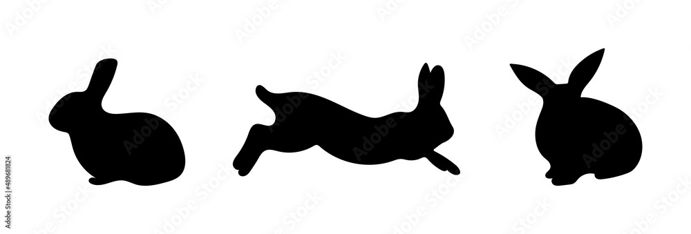 Set of rabbits silhouettes. Black icons of sitting and running rabbits. Vector illustration.
