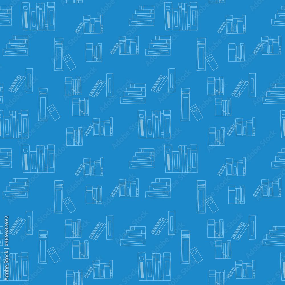 Vector seamless pattern. Doodle Many icons of books scattered Background for education elearning school concept. Pile of paper books, open book, book on computer screen, ebooks, glasses, heart Vector seamless pattern. Doodle Many icons of books scattered Background for education elearning school concept. Pile of paper books, open book, book on computer screen, ebooks, glasses, heart