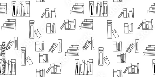Vector seamless pattern. Doodle Many icons of books scattered Background for education elearning school concept. Pile of paper books, open book, book on computer screen, ebooks, glasses, heart