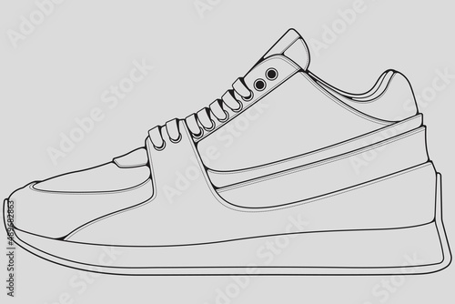 Shoes sneaker outline drawing vector, Sneakers drawn in a sketch style, black line sneaker trainers template outline, vector Illustration. 
