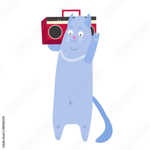 vector blue Cat carries a tape Recorder. Stylish Kitty with a Boombox. Cute Pet with a Musical Instrument. flat illustration isolated on white.