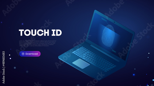Touch id biometrics. Notebook biometric authentification blue technology background.