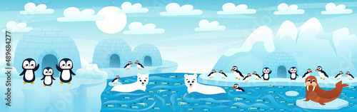 Polar landscape with cute cartoon animals with fish and iceberg, arctic scene with polar bear and penguins waving hands, seal sitting on snow, horizontal zoo poster for game design