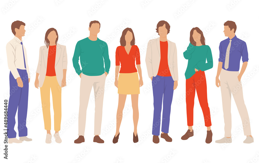 Set of young men and women, different colors, cartoon character, group of silhouettes of standing business people, students, the design concept of flat icon, isolated on white background Set of young men and women, different colors, cartoon character, group of silhouettes of standing business people, students, the design concept of flat icon, isolated on white background