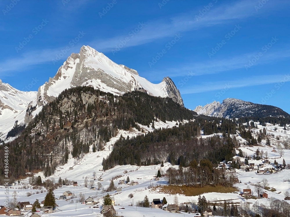White blanket on alpine peak Wildhuser Schofberg (or Wildhuser Schafberg, 2373 m) in Alpstein mountain range and in Appenzell Alps massif, Alt St. Johann - Canton of St. Gallen, Switzerland (Schweiz)
