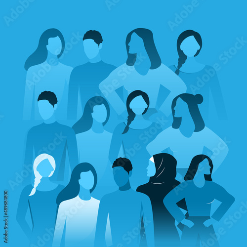 Happy women's day card with Five women of different ethnicities and cultures stand side by side together. Strong and brave girls support each other.