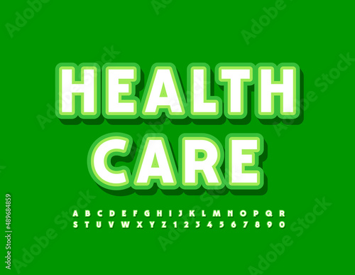 Vector stylish Sign Health Care. White and Green Font. Bright Alphabet Letters, and Numbers.