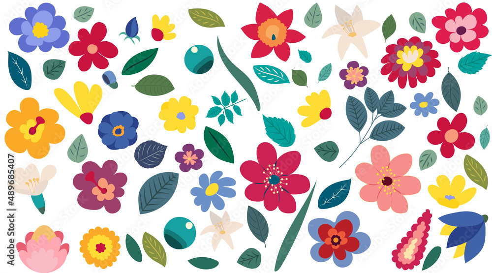 flowers, leaves set flat design , isolated vector flowers, leaves set flat design , isolated vector