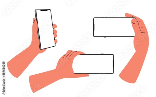 Female hands hold mobile phone. People shows a smartphone with a blank screen. Isolated human hands, horizontal and vertical position of the screen. Banner template. Flat vector illustration.