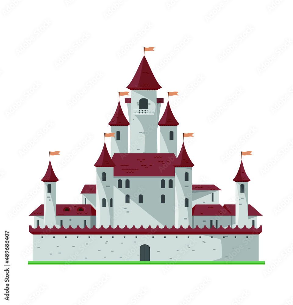 Fototapeta premium Cartoon flat illustration of old big history castle from fairy tale