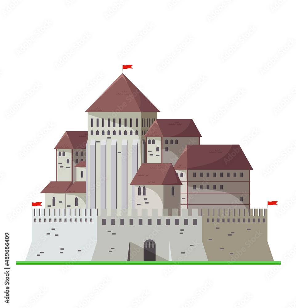 Cartoon flat illustration of old big history castle from fairy tale