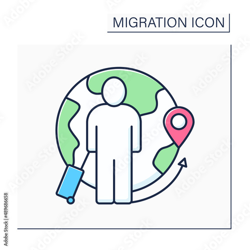 Migrant color icon. Person who moves from one place to another.Find work or better living conditions.Migration concept. Isolated vector illustration photo