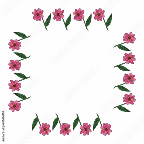 Square frame with pink flowers on white background. Vector image.