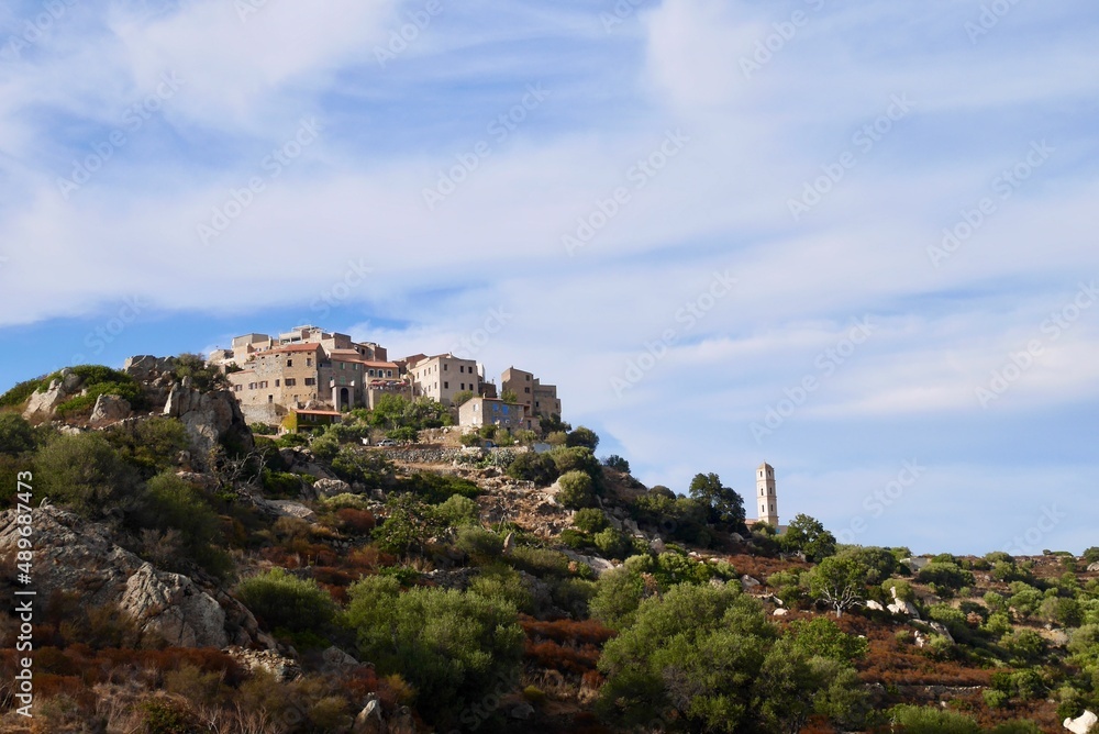 Panoramic view of Sant Antonino, a picturesque hillside village in Balagne. Corsica, France.