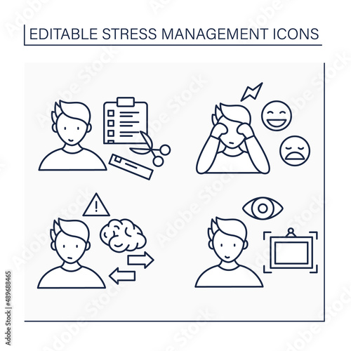 Stress management line icons set. Perspective.Reframe problems.Feelings express.To do list. Mental health concept. Isolated vector illustrations. Editable stroke