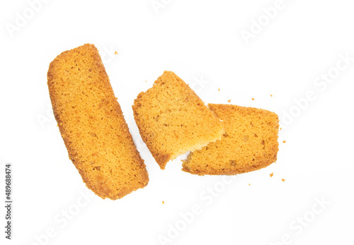 cake rusk or dry cake isolated on white background, top view
