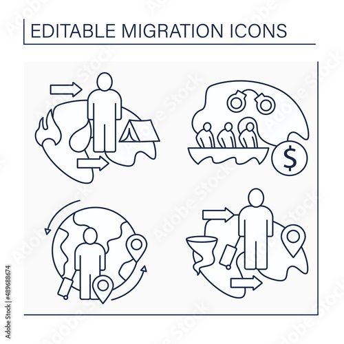 Migration line icons set. Climate, circular migration, refugee, migrants smuggling. Relocation concept. Isolated vector illustrations. Editable stroke