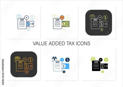 Value added tax icons set.Indirect tax,goods price. Paid by buyer. Universal basic income concept.Collection of icons in linear, filled, color styles.Isolated vector illustrations