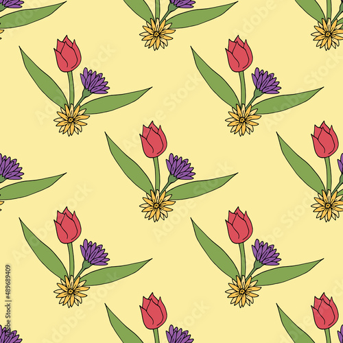 Seamless pattern with spring flowers on light yellow background. Vector image.