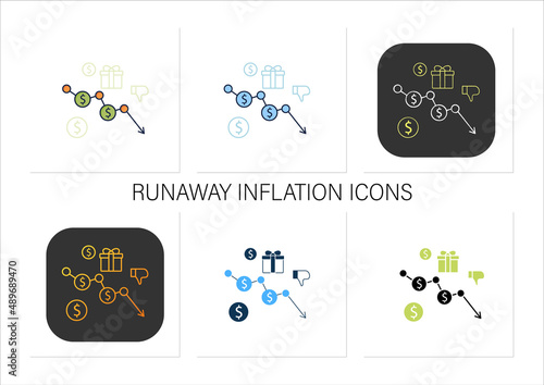 Runaway inflation icons set. Rapid inflation, impossible to reduce. Hyperinflation.Economic downturn.Collection of icons in linear, filled, color styles.Isolated vector illustrations