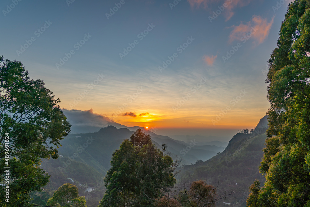 Panorama sunrise in Ella with view to Adams peak, background sunrise, Sri Lanka