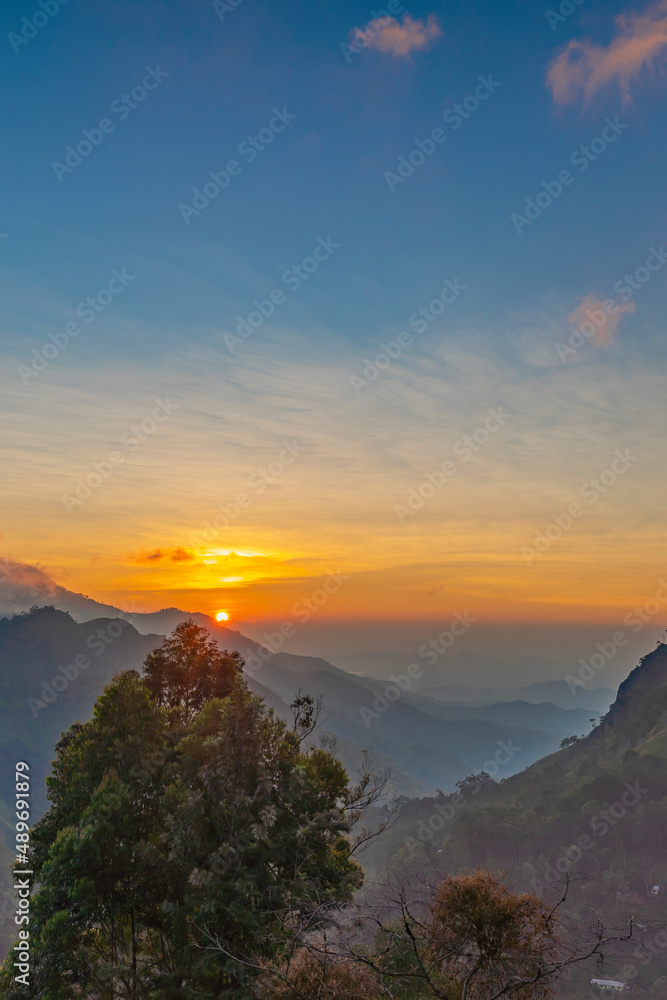 Panorama sunrise in Ella with view to Adams peak, background sunrise, Sri Lanka