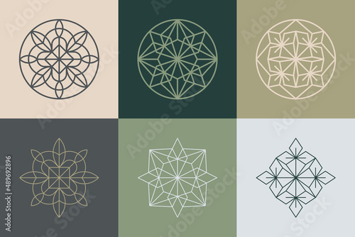 Set of vector geometric circle outline ornamental elements. Designs for logo or decorations in minimal trendy style.