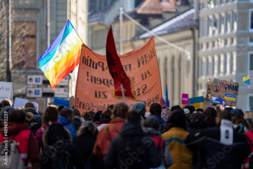Up to 20’000 People with banners at Bern protesting Russian Aggression in Ukraine. Bern, Switzerland - 02.26.2022