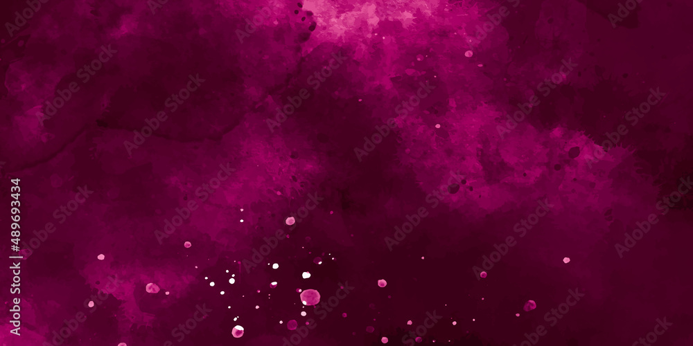 Abstract night sky space watercolor background with stars. Watercolor dark red pink nebula universe. Watercolor hand drawn illustration. Pink watercolor ombre leaks and splashes texture.
