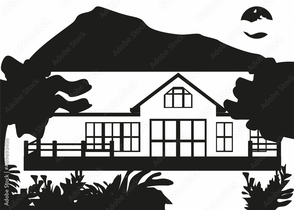 Small house silhouette cutout skyline with with mountain, trees and ...