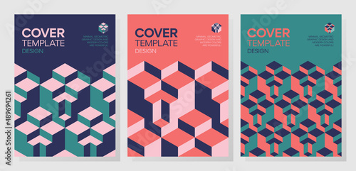 Set of trendy abstract 3d optical illusion geometric shapes cover design. 