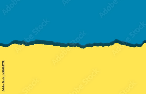 Ukrainian flag made of yellow torn paper on a blue background. Country destruction minimal concept.
