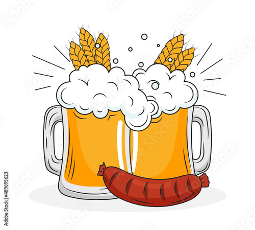 Two beer mugs with sausage