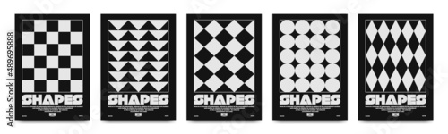 Collection of modern geometric posters. In rave style, stylish print for streetwear, print for t-shirts and hoodies, isolated on black background