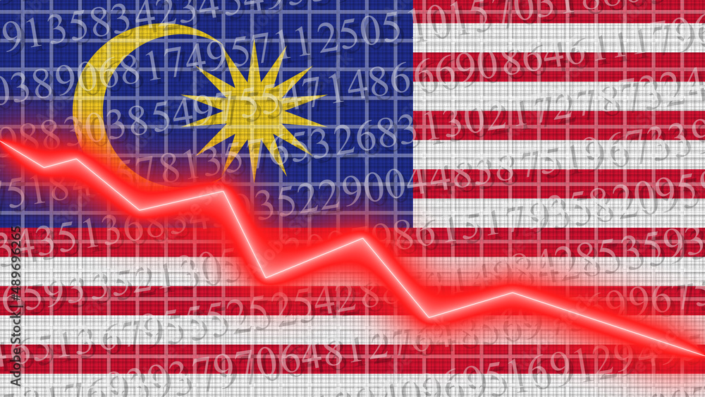 Fototapeta premium Malaysia flag and economic and finance growth progress chart report - red neon zigzag down line – 3D Illustrations