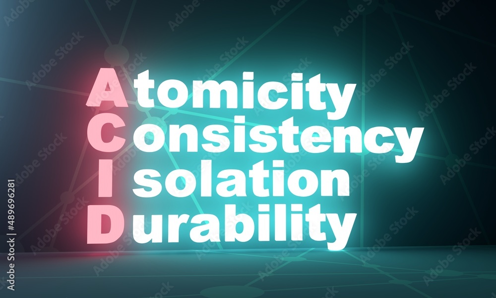 ACID - Atomicity Consistency Isolation Durability acronym. Neon shine text. 3D Render