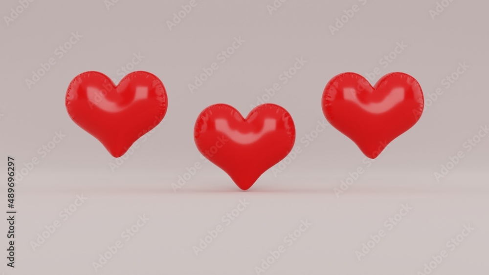 3 Red Hearts Hanging In The Air 3d Render